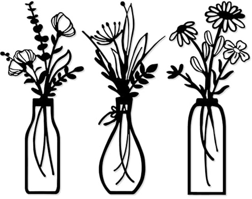 YiYa 3 Stück Wanddeko aus Metall Metall Blumen Wanddekoration Floral Line Wandskulptur Minimalistische Vase Wandkunst für Zuhause Wohnzimmer Schlafzimmer（Schwarz）