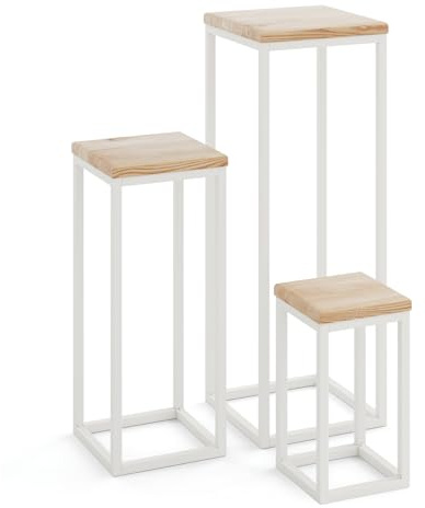 LAMO Manufaktur Pflanzenständer Set - 3 Stücke 30/50/70 cm | Blumenständer Weiss Metall | Blumenhocker Holz mit Natur Farbe | 100% Echtholz | Sockel für Zimmerpflanzen