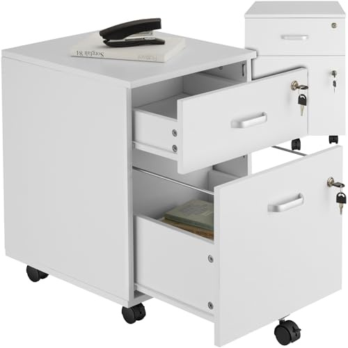 tectake® Cajonera con Ruedas, Cajonera Oficina con Cerradura, Armario Escritorio con 2 Cajones, Mueble Archivador para Carpetas, Armario Bajo Oficina - Blanco