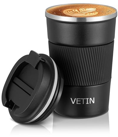 VETIN Mug isotherme café 380 ml – Thermos café avec couvercle étanche (Noir)