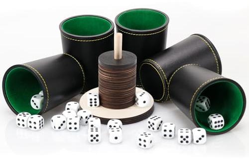 Schocken Set 5 würfelbecher Leder 25 Würfeln Schockbesteck Holz mit 14 Scheiben und Ständer Schockbesteck Set für Jule Meiern Maxen Mörkeln 10X10cm (Holzfarbe)