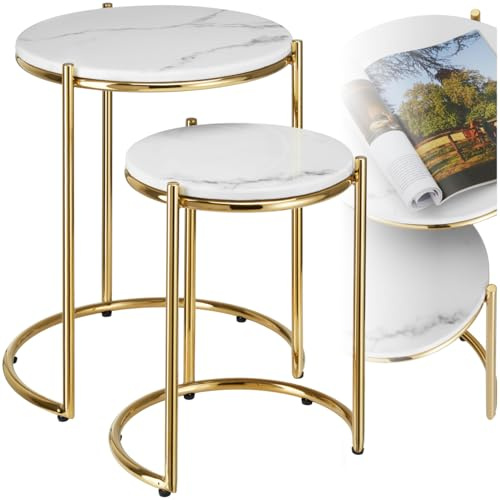 tectake® Couchtisch rund, Kleiner Tisch, Beistelltisch Metall und Marmor, Wohnzimmer Möbel, Coffee Table, Beistelltisch, Nachttisch rund, Sofatisch, Kaffeetisch modern - weiß/Gold, 2er Set