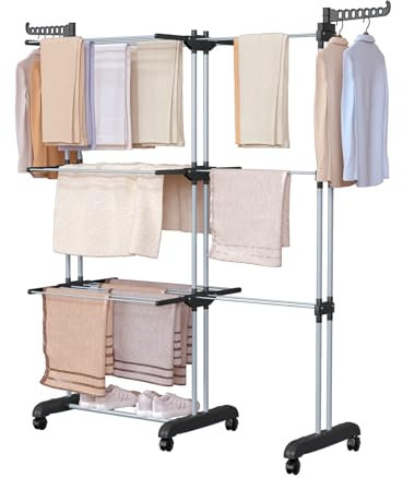 Oak & Tea Séchoir à Linge, Tour de 200 cm (Ailes Extensibles), Taille XXL, avec roulettes, 4 étages, Grand séchoir sur Pied, pour l'intérieur et l'extérieur, Noir