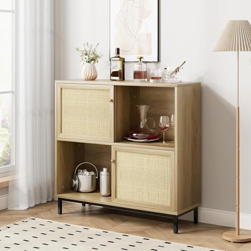 Salutmeuble Buffet Haut en Rotin/Bois avec Portes coulissantes, Armoir de Cuisine Meuble de Rangement avec 4 Compartiments pour Salon, Cuisine et Salle à Manger (101x 94x 30 cm)，Chene