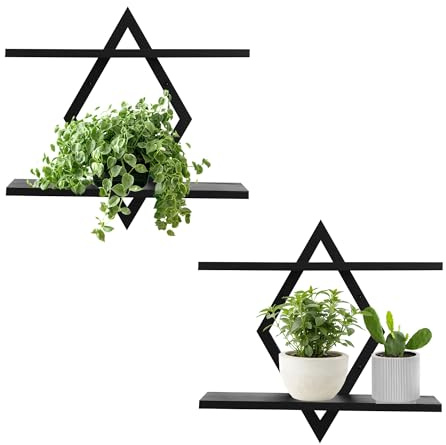 Floating Shelves for Wall,Decorative Wall Shelf,2 Tier Hanging Shelf for Plants Storage Display Holder,Indoor Decor for Living Room Home Office Bathroom Bedroom,Solid Wood,Diamond Shaped,2 Pack(Black)