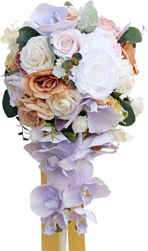 Yvessvi Bouquet da sposa, bouquet da sposa a cascata, con fiore, bouquet da lanciare