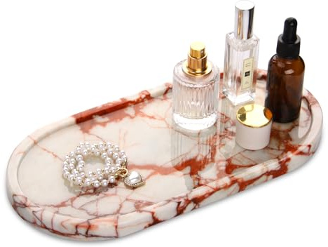 Marmor Tablett Oval Natürliches Badezimmer Deko Marmorplatte für Küche Arbeitsplatte Gewebe Kerzen Handtuch Kaffee Schmuck Pflanze Kosmetiktabletts Schmucktablett Calacatta Rosso 30 x 15 cm