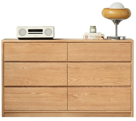 YESWOOD Massivholz Kommode mit 6 Schubladen, Kommode Holz Eiche 120cm breit, Schubladenschrank für Büro, Schlafzimmer und Wohnzimmer, 40x120x79 cm, Eiche in Naturfarbe