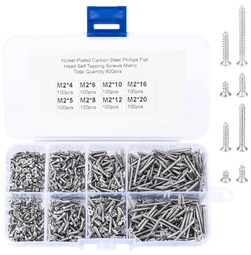 800 pièces vis inox, vis a bois, vis autoforeuse inox, assortiment de vis autotaraudeuses set -M2, 4mm/5mm/6mm/8mm/10mm/12mm/16mm/20mm