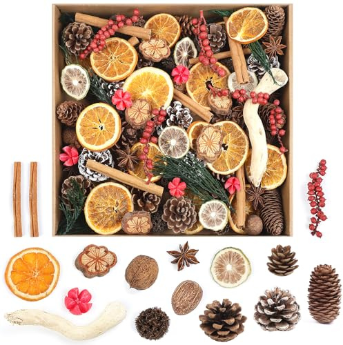 Larber 123 Pezzi Natalizio Potpourri Decorazioni Fai da Te Corona dell'Avvento Natalizio Set con Fette di Arancia Secca Cannella Coni di Pino per Tavolo da Pranzo, L'Albero di Natale Decorazione