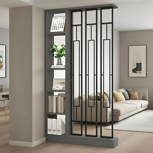 Columna de mampara de partición de Entrada de Piso a Techo - Divisor de Ambiente Independiente con estantes, decoración Independiente de fácil Montaje (C Gray+Black, 100CM/39.4IN)