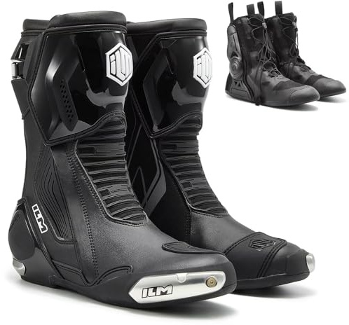 ILM Motorcycle Racing Boots Sport Footwear CE Protective Gear Model BRC1 | CE Racing Boots, Dual-Layer, TPU Armor, Anti-Torsion Sole, Heel/Shin Vents, 3D Mesh Liner, Side zip, Quick-Lock Buckle