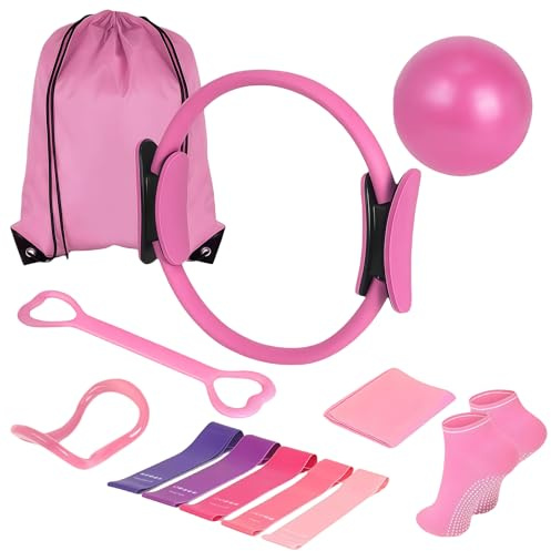 Leikurvo Juego de 13 piezas de pilates, kit esencial de pilates para mujeres con anillo de pilates, bandas de resistencia, calcetines, anillo de pilates y accesorios para estiramiento y fitness (rosa)
