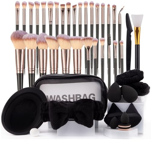 LHLXZQ Ensemble de Pinceaux de Maquillage#3 | avec éponge de Makeup, houppette, Tapis de Nettoyage, pour Foundation Blush Concealer Ombres à Paupières Poudre, Contouring