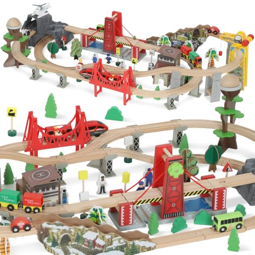 AIYAPLAY Holzeisenbahn Set 100 Stück mit Elektrische Lok Zügen ab 3 Jahren | Grundplatte, Schienen, Kran, Brücke, Zugspielzeug, Holzzug, für Kleinkinder, Spielzeug für Kinder Jungen und Mädchen