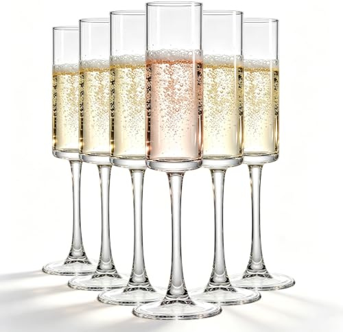 Riville Lot de 6 flûtes à champagne élégantes en verre transparent de 200 ml, parfaites pour les mariages, les anniversaires et les cadeaux de Noël, élégantes et durables pour les célébrations