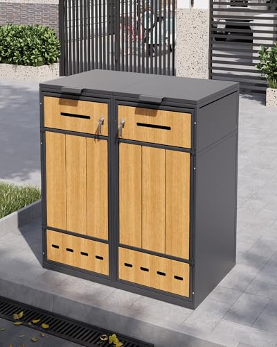 KOMHTOM 240L Cache Poubelle Extérieur Double 2 Bacs, Abri à Poubelle Extérieur avec Couvercle Haut et Porte Avant, Ventilation, Acier Robuste, Design Bois (2, Gris-1)