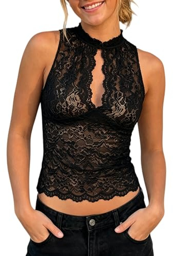 Betrodi Top da donna in pizzo buco della serratura con collo a lupetto sexy ritagliato canottiera trasparente trasparente senza maniche per uscire, Floreale nero, L