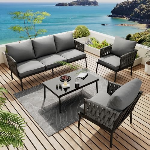 Generisch Gartenmöbel Set mit Geflochtene, Balkonmöbel Set 4-Teiliges, 1 Dreisitzer-Sofa, 2 Einzelsofa, 1 Tische, Glastischplatte und Verzinktem Eisenrahmen, Wetterfeste Grau