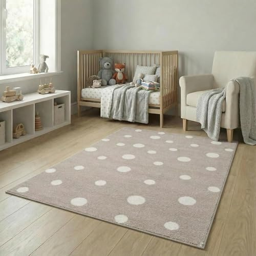 Jimri Kinderteppich DOTS l Pünktchen Gepunktet l Öko-Tex Siegel | Farbe: Beige Blau Rosa | Kinderzimmer/Jugendzimmer (Beige, 80x150 cm)