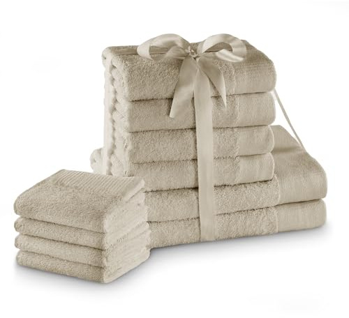 AmeliaHome Handtuch Set Beige 4 Gästetücher 30x50 cm 4 Handtücher 50x100 cm und 2 Duschtücher 70x140 cm 100% Baumwolle Qualität Saugfähig Cappuccino Amari