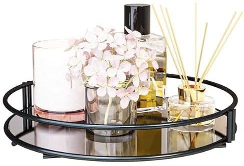 Vassoio Decorativo in Metallo Rotondo-Vassoio Elegante per la Centrotavola-Porta Profumi da Camera-Organizzatore Vassoio Gioielli Cosmetici-Porta Candele-Acrilico Nero-Diametro 28 cm (Nero)