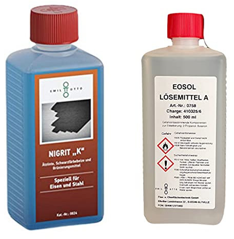 Brünier-Profi-Set 250 g Schwarzfärbe-Schnellbeize NIGRITK, Kaltbrünieren - Schwarzfärben, Korrosionsschutz von Eisen u. Stahl + 500 ml Lösemittel A zum Säubern u. Entfetten