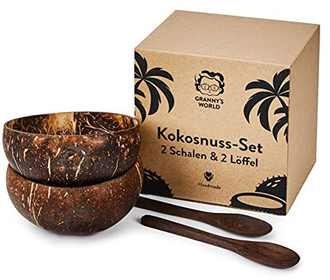 Granny's World® Exclusive Kokosnuss-Schalen 2er Set mit Löffeln | Handgefertigtes 100% Naturprodukt | Holzschale | Coconut Bowls Set | Handgefertigt mit Kokosöl poliert | 12-15cm durchmesser