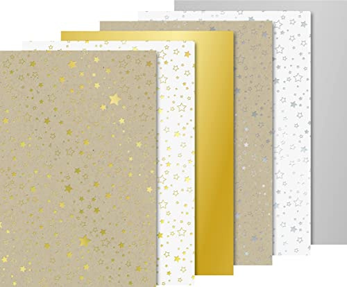 Heyda Karton-Block Sterne Gold Silber Motivkarton einseitig bedruckt A4 Papier Weihnachten ideal für Scrapbooking Grußkarten Geschenkverpackungen Schachteln Papiertüten kreative Projekte