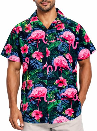 King Kameha Camicia Hawaiana Uomo a Maniche Corte con Stampa Fenicottero Colorato