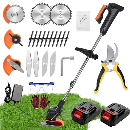 Gompuy Cordless String Trimmer, Lithium Battery Garden Grass Trimmer, Suitable for Lawn Garden Pruning. Telescopic Rod and Adjustable Machine Head Includes 2 Batteries