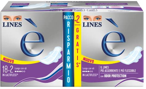 Lines È Lungo con Ali Assorbenti in Lactifless, Pacco Scorta, Confezione da 18 pezzi + 2 in omaggio