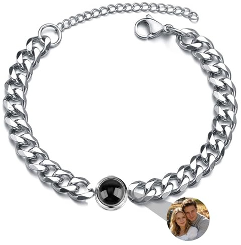 Pulsera de foto personalizada para hombres y mujeres Pulsera de proyección de foto personalizada Pulsera de foto circular Pulsera de eslabones cubanos Te amo en 100 idiomas Pulsera de proyección