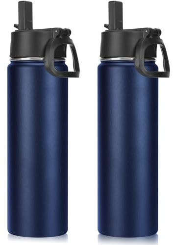 Volhoply 650ml Isolato Borraccia Termica con Cannuccia 2 Confezioni, Bottiglia in Acciaio Inox con Manico, Bottle a Doppia Parete, Bottiglie Sportive per Bambini,Scuola(Marina Militare, 2 set)
