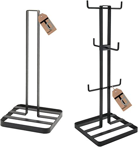 Tradeco direct® 2 Pc Mug Tree (6 Cup) & Kitchen Towel Holder Set Black Flat Iron Modern Design