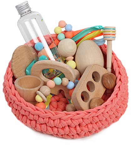 Cesto tesoros bebé. Cesto sensorial bebé. Juego estimulación sensorial Montessori para bebés entre 4 y 18 meses. ¡Más que un juego para el aprendizaje de tu bebé! COLOR CORAL