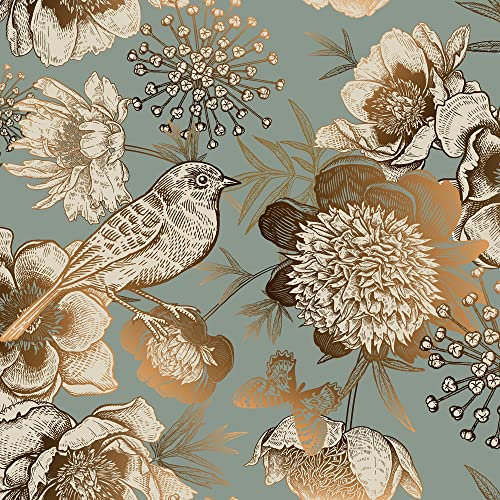 ReWallpaper Selbstklebende Tapete Grün Gold Blumentapete Selbstklebend Tapete Türkis Gold Mit Vögeln und Blumen Fototapete Vintage 44.5CM X 3M Klebetapete Selbstklebend Wand Klebefolie Möbel Muster