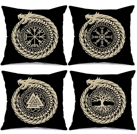 Nordics Vikings Runes Throw Pillow Covers Tree of Life,Norse Fantasy Dragon Pillow Covers 4 Set Runic Compass Vegvisir Outdoor Pillow Cases Cushion Covers for Living Room Couch Sofa Gift(18 x18 Inch)