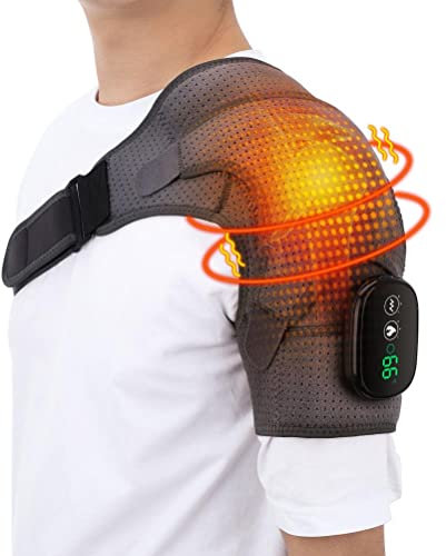 Ozgkee Soporte de Almohadillas, Masajeador Calentamiento Envoltura de Hombro Almohadilla Térmica Inalámbrica con 3 Configuraciones de Temperatura de Vibración Soporte Ajustable