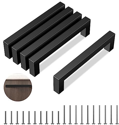 Mesybveo 5 stycken möbelhandtag i rostfritt stål, svarta, handtag för köksskåp, svart, 128 mm hålavstånd, kökshandtag svart med 20 skruvar, hållbara dörrhandtag, svarta för möbler, kök, lådor