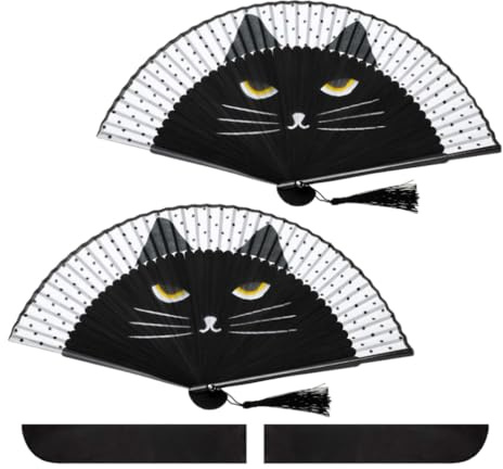 LetCart Handfächer, Cartoon Katze Kung Fu Fan Klein Handfächer aus Stoff, Chinesische Fächer Schwarz Taschenfächer Klappfächer für Hochzeite Bevorzugung Aufführung Dekoration
