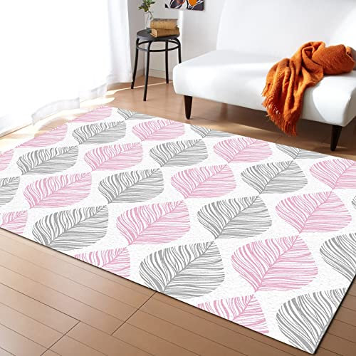 Alfombra De Dormitorio Rosa Gris Hoja Textura Arte Minimalista Naturaleza Resistente Alfombra Atrapar Suciedad,Lavable Alfombra De Piso para Oficina Cocina Entrada 120X160Cm