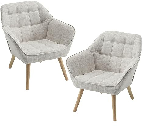 chairus Sessel Wohnzimmer Loungesessel Leinen 2er Set Gepolsterter Beige | Modern Ohrensessel mit Holzbeinen für Schlafzimmer/Wohnzimmer, Cocktailsessel Einzelsofa Armlehnstuhl