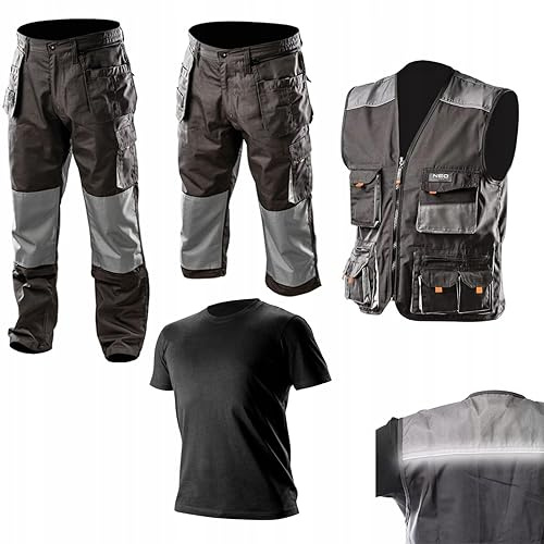 NEO TOOLS Profi Arbeitskleidungssatz Gr. S - XXL (Arbeitsweste, 2 in 1 Arbeithose, T-Shirt) - Hose 2 in 1 Lange und Kurze, Weste mit Oxford, T-shirt 100% Baumwolle (L)