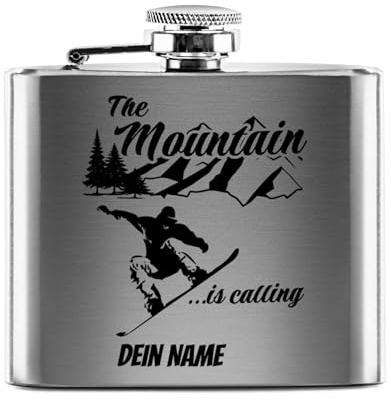 Flachmann mit Gravur aus Edelstahl selbst gestalten - The mountain is calling! - mit Name gravieren - Geschenk Wandern Skifahren - Praktische Taschengröße | Silber, 141 ml