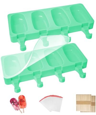 2Pcs Ice Lolly Moulds with Sticks, Non-Stick Cakesicle Moulds, Silicone Ice Popsicle Mould with Lid, 100 Sticks and 50 Popsicle Bags for DIY Ice Cream, BPA-Free