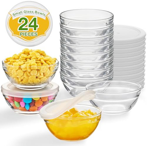 Qipecedm Confezione da 12 ciotole piccole in vetro da 8,9 cm con coperchio, mini ciotole in vetro da 113,4 g, ciotole piccole, perfette per preparazioni, salse, noci, caramelle o ciotole per dessert,