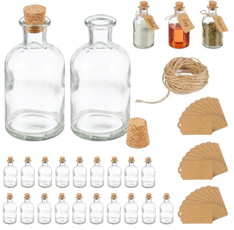 Relaxdays Set 24 Bottigliette in Vetro per Bomboniere, Bottiglie da 125 ml, Barattolini con Tappo, Trasparente Marrone