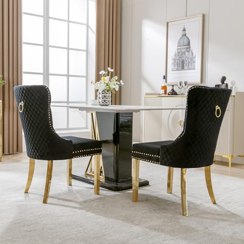 Merax Esszimmerstühle Polsterstühle mit Türklopfer, Nagelkopfbesatz und Samtbezug - Luxuriöser Stil in Schwarz/Gold 2er Set