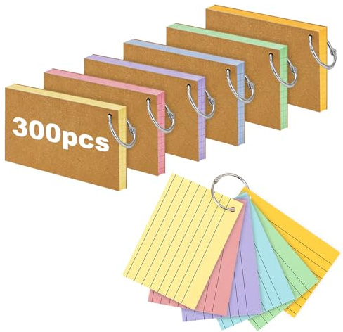 Flash Card, 300 PCS Ruled Index Cards Revision Cards with Binder Ring Kraft Paper Notecards Lined Index Cards for Office School Home Study Record, 5 x 3 Inch